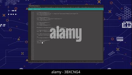 Displaying terminal window showing JavaScript code on blue circuit board, with hexagons and nodes Stock Photo