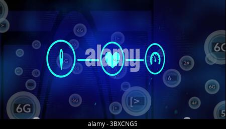 Displaying three linked neon icons glowing on dark blue network interface, with floating 6G circles Stock Photo