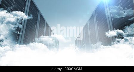 Cloud computing corridor is being shown in 3D render, with server racks, clouds and lens flare Stock Photo