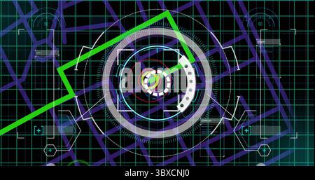 Displaying central circular interface on futuristic dashboard, with green grid and trend line Stock Photo