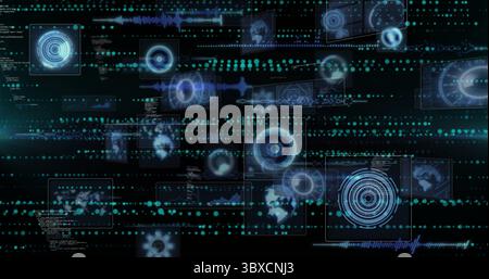 Glowing central radar display rotating in dark cyberspace with UI panels and code snippets Stock Photo