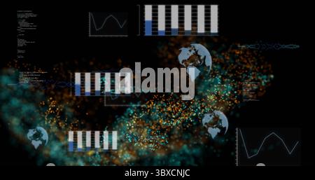 Swirling data cloud sweeping diagonally in virtual data space, with charts  and  graphs, globes  and Stock Photo
