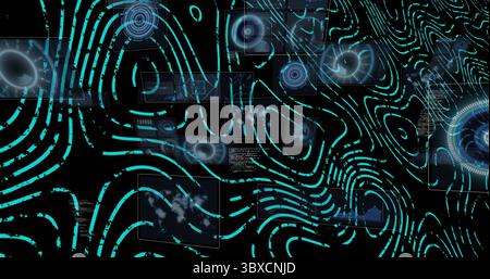 Displaying abstract digital interface showing teal contours in VR environment, with UI panels Stock Photo