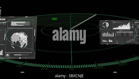 Rotating radar grid sweeping command HUD displaying globe with data charts and numeric readouts Stock Photo