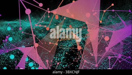 Displaying 3D network graph in virtual space with colored nodes, edges and mesh overlay Stock Photo