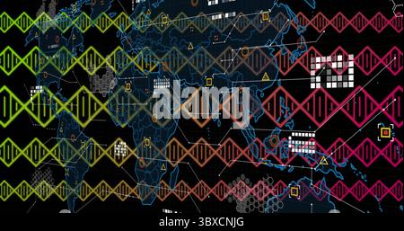 Displaying virtual dashboard showing world map with DNA helix icons, network symbols, data hotspots Stock Photo