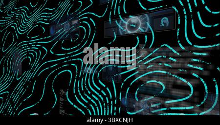Displaying turquoise contours weaving through dashboard featuring panels, gauges, map, charts, code Stock Photo