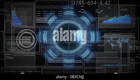 Displaying central circular HUD emitting radial segments in dashboard, with code charts and map Stock Photo