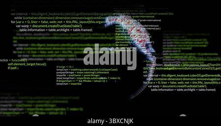 Displaying JavaScript UI showing highlighted code lines and 3D wireframe head on screen, copy space Stock Photo