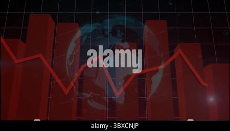 Displaying red bar and line chart over dotted globe on dark grid dashboard, with security icons Stock Photo