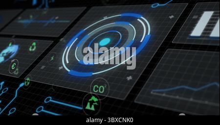 Displaying circular radar chart on grid showing data panels and CO? recycling euro factory icons Stock Photo