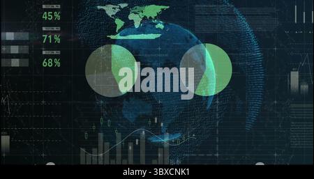 Displaying 3D globe visualization floating over analytics dashboard with pie charts, code blocks Stock Photo