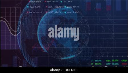 Displaying holographic globe rotating on dashboard, showcasing hexagon mesh, bars, stock tickers Stock Photo