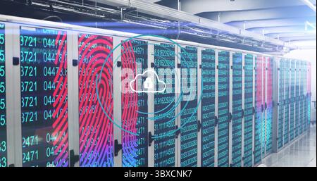 Stretching long row of server cabinets showing code streams and fingerprints, locked cloud icon Stock Photo