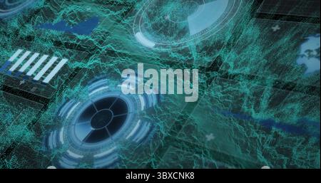 Displaying teal wireframe mesh in cyberspace, with circular HUD interfaces and data panels Stock Photo