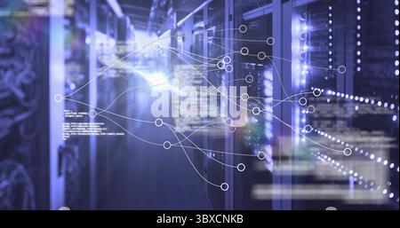Aisle of server racks showing blinking LEDs and network cables in data center, with digital overlay Stock Photo