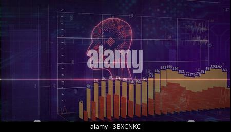 Displaying neon red wireframe head hovering on 3D grid, multicolored bar chart with numeric labels Stock Photo