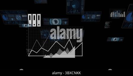 Presenting white line chart rising over grid in dashboard, grey area chart and floating HUD panels Stock Photo