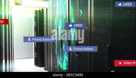Showing server racks lining data center corridor, with LED lights and floating notification labels Stock Photo