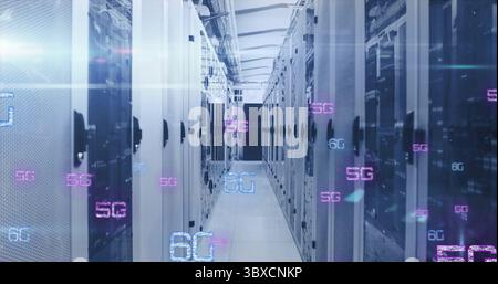 Displaying central corridor aisle glowing in data center, with server racks, cabling, 5G 6G labels Stock Photo