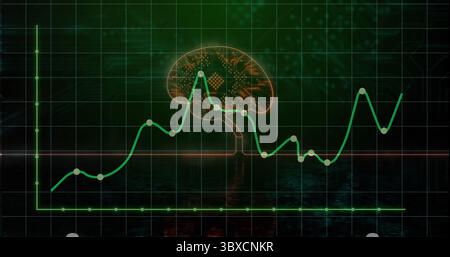 Floating glowing brain circuit above neon graph with data nodes, on digital grid Stock Photo