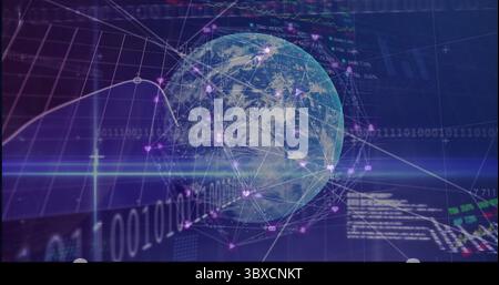 Displaying globe in digital space with network lines, nodes, financial charts and binary code Stock Photo