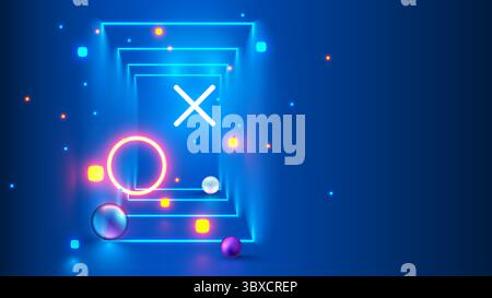 Abstract composition of neon geometric shapes in cyberspace. Background in the style of modern digital computer technology. Futuristic corridor or tun Stock Vector