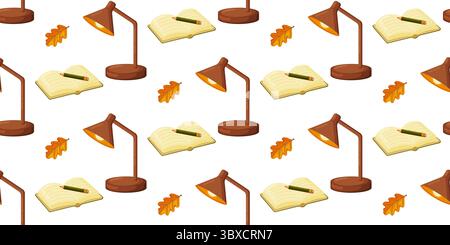 Seamless pattern with desk lamps, open books, pencils, and autumn leaves. Creates a cozy study atmosphere, perfect for academic themes, stationery, di Stock Vector