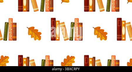 Seamless pattern with vertical rows of autumn colored books and scattered oak leaves. This warm design captures fall mood and love of reading. Perfect Stock Vector