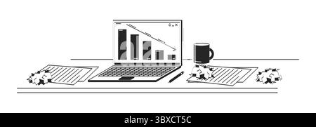 Cluttered desk with declining bar chart on laptop doodle linear object Stock Vector