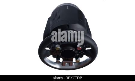 Steering play wheel isolated. Racing wheel for computer driving simulator isolated on transparent or white background. Stock Photo