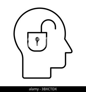 Head open padlock line icon. Open Minded concept. Unlocked thinking symbolizing open mindedness, education, therapy, mental freedom, learning Stock Vector