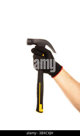 Man's hand in construction glove holding yellow hammer isolated on white background. Stock Photo