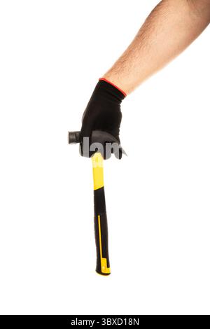 Man's hand in construction glove holding yellow hammer isolated on white background. Stock Photo