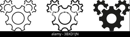 Three Interlocking Gears Line And Solid Icon Set. Mechanical Engineering, Process Optimization, And Industrial Automation Outline And Silhouette Stock Vector