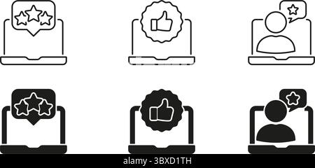 Laptop Feedback And Review Icons Set. Customer Satisfaction, Rating, And Online Review Outline And Silhouette Symbol Collection. User Experience And Stock Vector