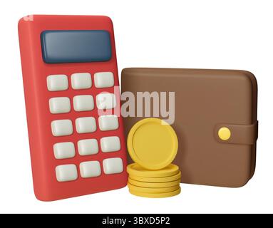Calculator, stack of coins and wallet 3d vector illustration isolated on a white background. Accounting, financial management and money savings concep Stock Vector