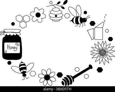 Honey Frame Oval template. Vector graphic line illustration Graphic honeycomb, bee, glass jar, flowers, pot. Great for label, banner, poster, card. Stock Vector