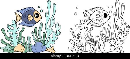 Beautiful tropical fish with algae and corals on seabed and Coral Reef. Outline and color drawing. Coloring Page. Vector illustration. Kids collection Stock Vector