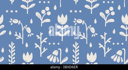 Vector vintage floral seamless pattern in Scandinavian style. Retro seamless pattern with grunge flowers and berries. Blue and white. Stock Vector