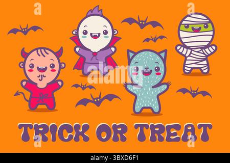 Vector set illustration of children in costumes for Halloween. Illustrations with cute kids in Halloween monsters costumes. Vintage card. Stock Vector