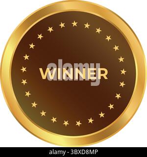 Round gold and brown winner medal with star border design, ideal for awards, contests, and success. Stock Vector
