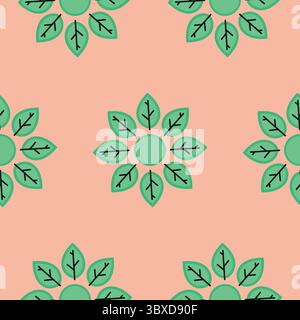 Seamless floral leaf pattern with green petals on peach background, perfect for fabric or wallpaper. Stock Vector
