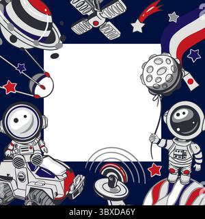 Astronauts, planets, stars, satellite. Square frame. Hand drawn vector illustration. For Cosmonautics Day cards, banners, posters, covers, tickets Stock Vector