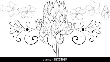 Vector simple tropical seamless pattern - proteas and plumeria. Summer border with exotic flowers. Hand drawn graphic ornament. Black circuit Stock Vector