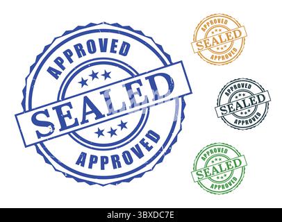 A Approved Sealed Product Stamp Set, Grunge Style Authorized Document Label Vectors Stock Vector