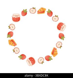 Whimsical circular frame with apple slices, strawberry jam and pie, in cozy pastel style perfect for cottagecore baking themes. Stock Vector