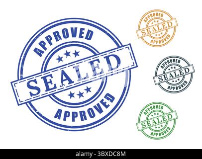A  Approved Sealed Certified Stamp Collection, Grunge Rubber Valid Document Seal Set Stock Vector