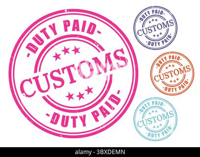 A Customs Duty Paid Badge Collection, Grunge Rubber International Shipping Stamp Set Stock Vector