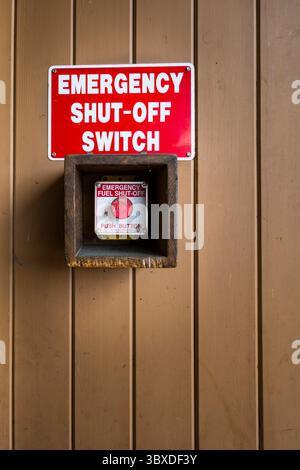 Emergency Shut-off switch at gas station, USA Stock Photo